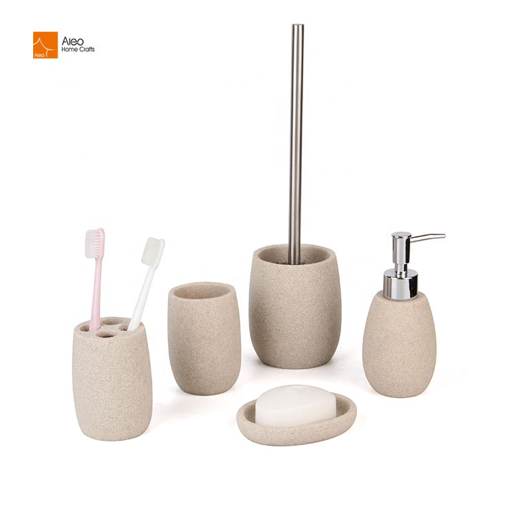 5 Pieces Resin Sandstone Bathroom Accessory Set Tumbler Dispenser Soap dish Toilet brush holder toothbrush holder